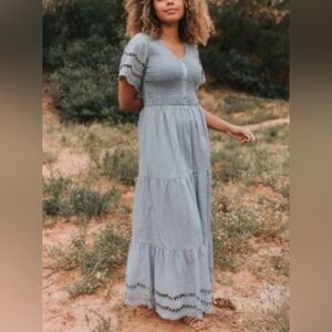 One loved babe “shall we dance “Women's V-Neck Tiered Eyelet Midi Dress size M